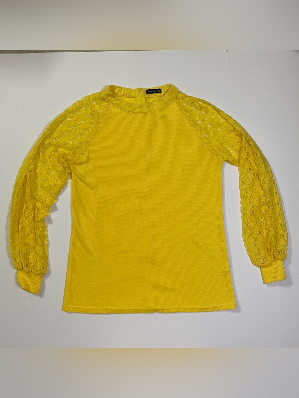 Bright Yellow Collared Long Sleeve with Sheer Lace Sleeves size S